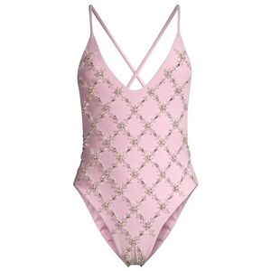 Oceanus rose Hand embellished crystal swimsuit large pink